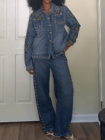 Floral Printed Denim Suit - allsose