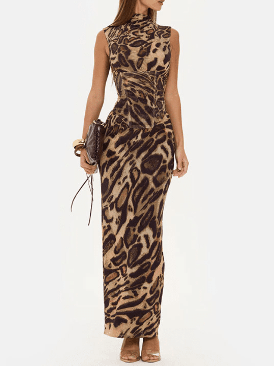 Form - Fitting Leopard Gown ✨ High - Neck Sleeveless Maxi Dress - allsose