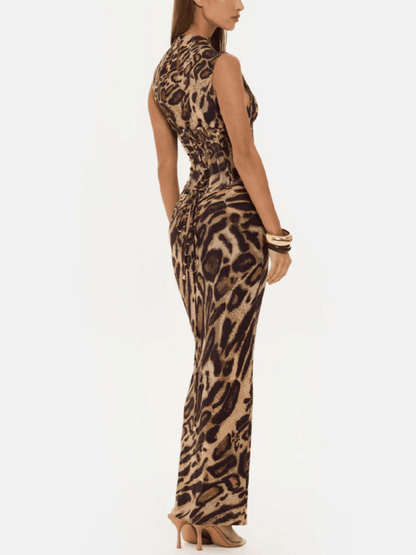 Form - Fitting Leopard Gown ✨ High - Neck Sleeveless Maxi Dress - allsose