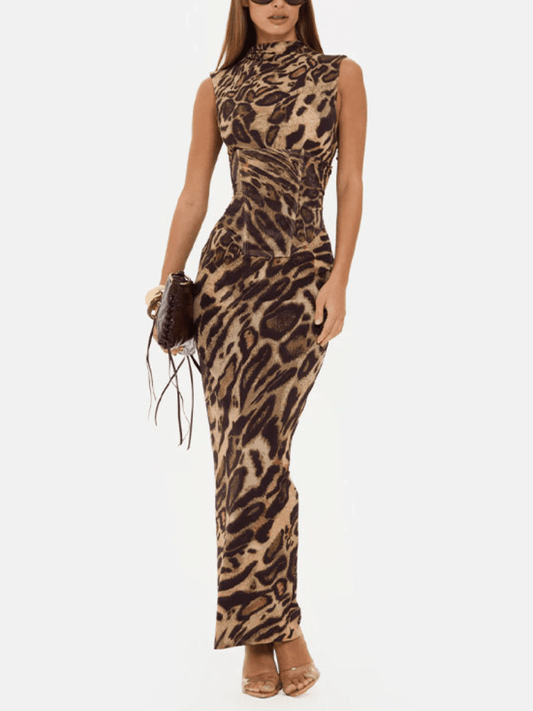 Form - Fitting Leopard Gown ✨ High - Neck Sleeveless Maxi Dress - allsose