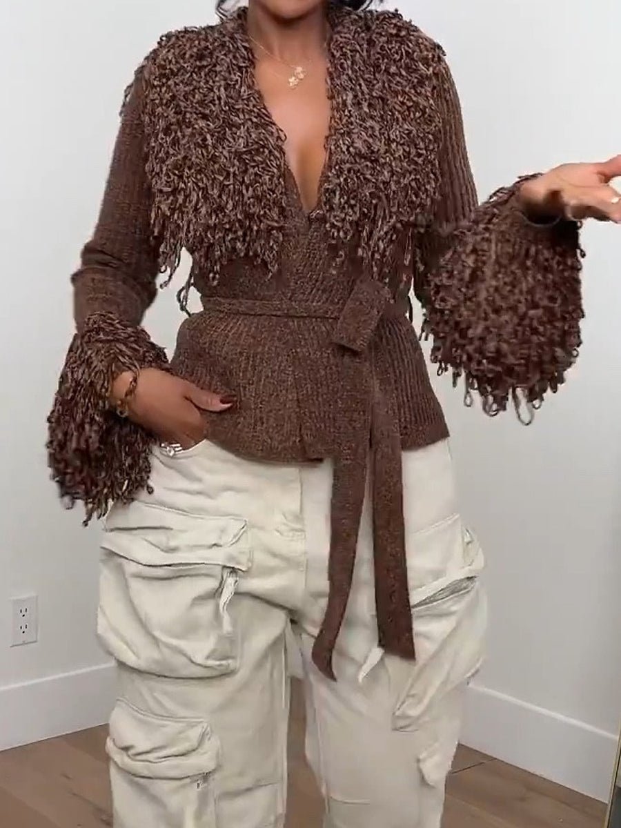 Fringe Tie Waist Deep V Neck Cardigan - allsose