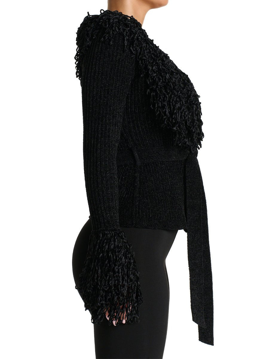 Fringe Tie Waist Deep V Neck Cardigan - allsose