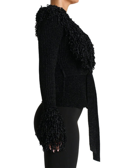 Fringe Tie Waist Deep V Neck Cardigan - allsose