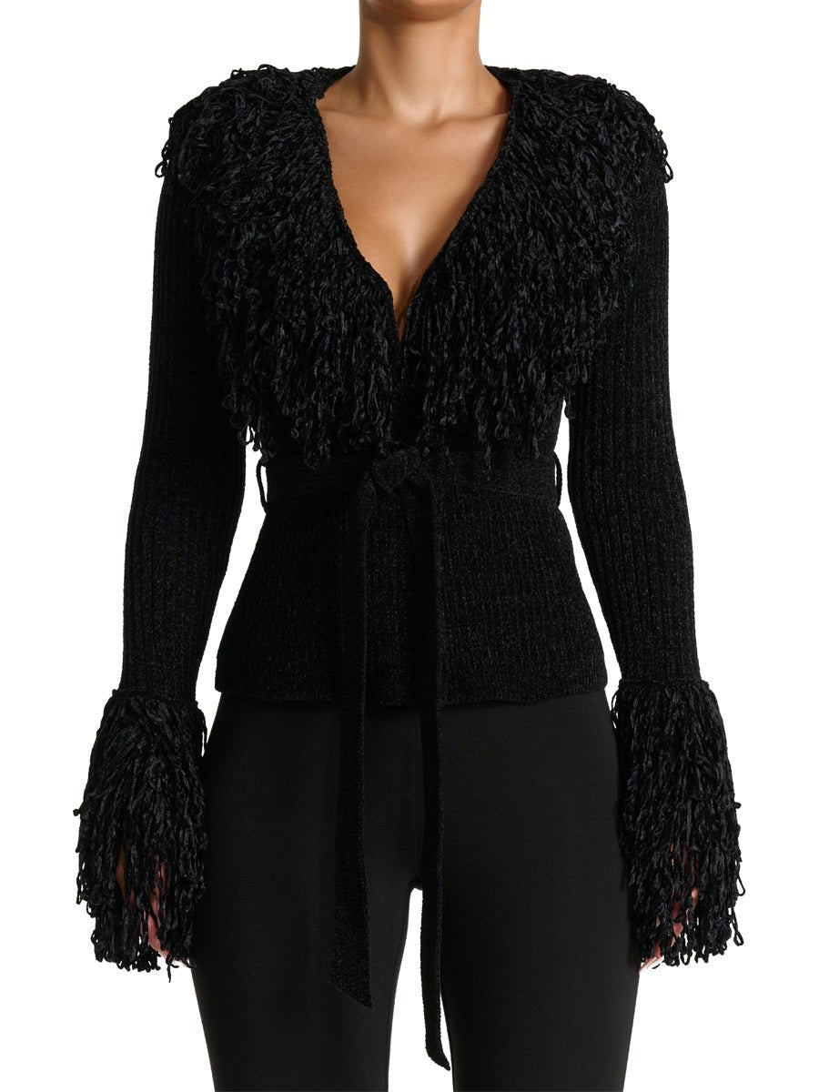 Fringe Tie Waist Deep V Neck Cardigan - allsose