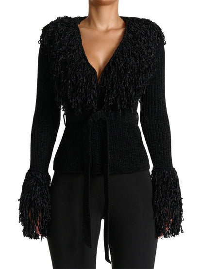 Fringe Tie Waist Deep V Neck Cardigan - allsose