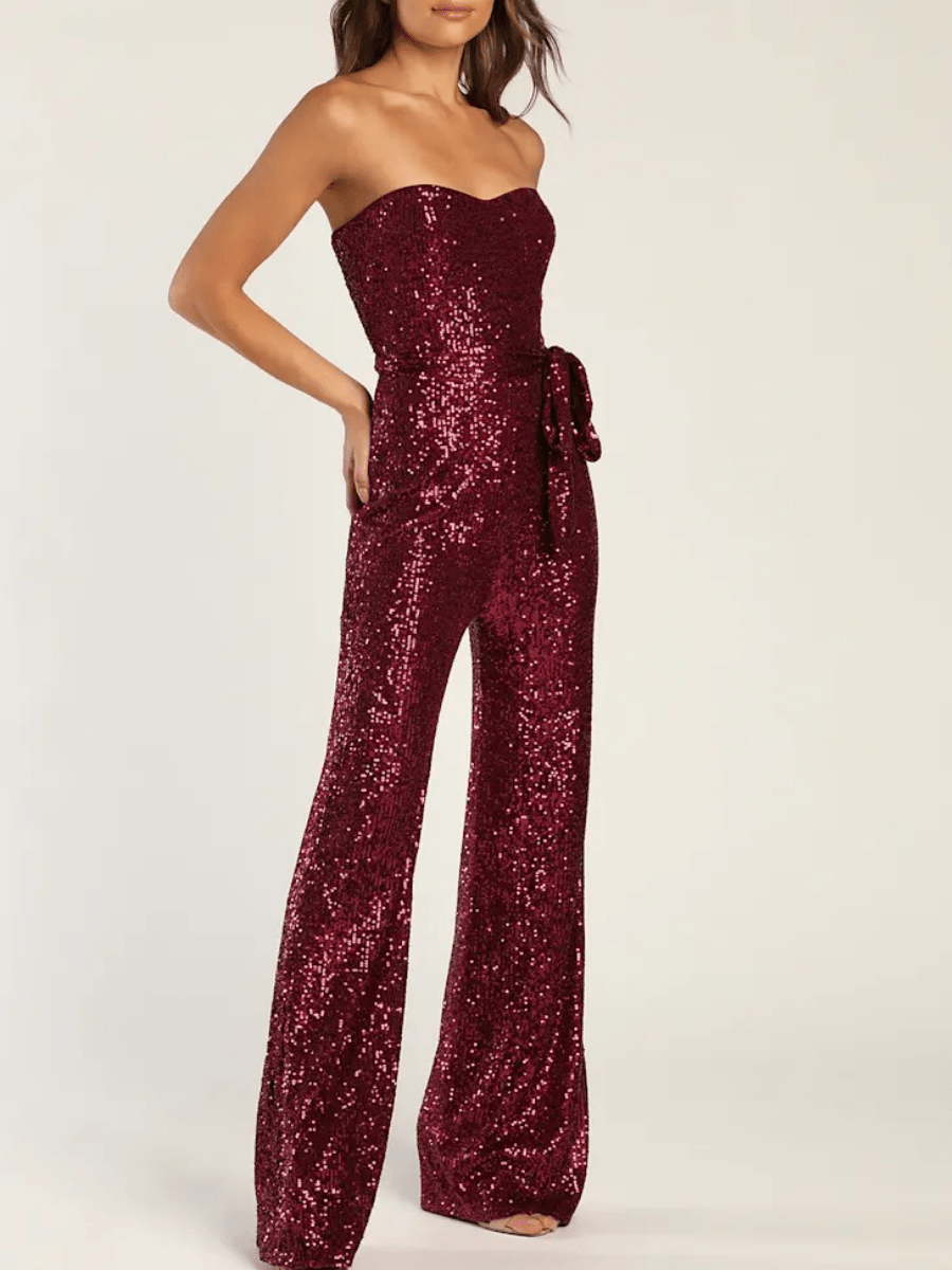 Glam Strapless Sequin Belted Wide - Leg Evening Jumpsuit - allsose