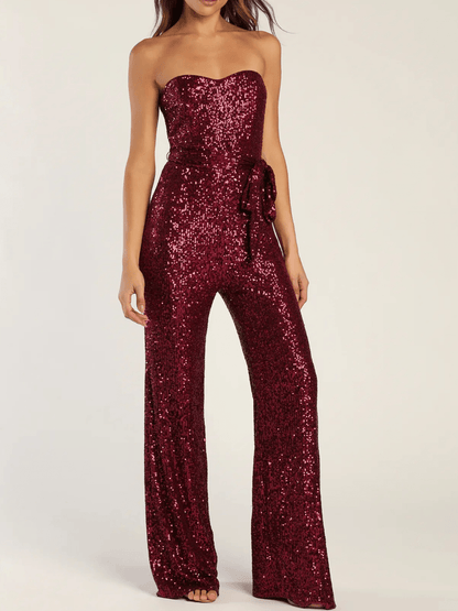 Glam Strapless Sequin Belted Wide - Leg Evening Jumpsuit - allsose