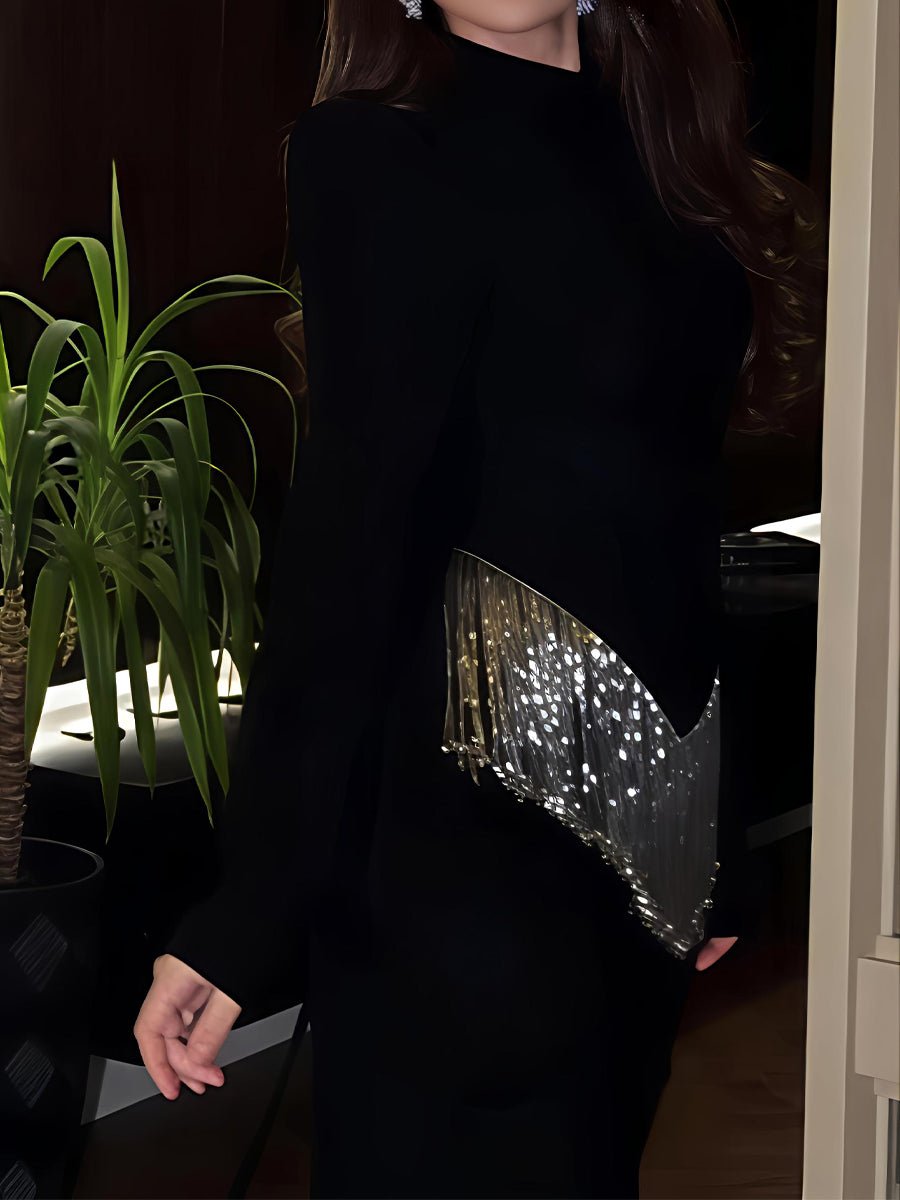 Gorgeous Rhinestone Sparkle Tassels Slim Maxi Dress - allsose