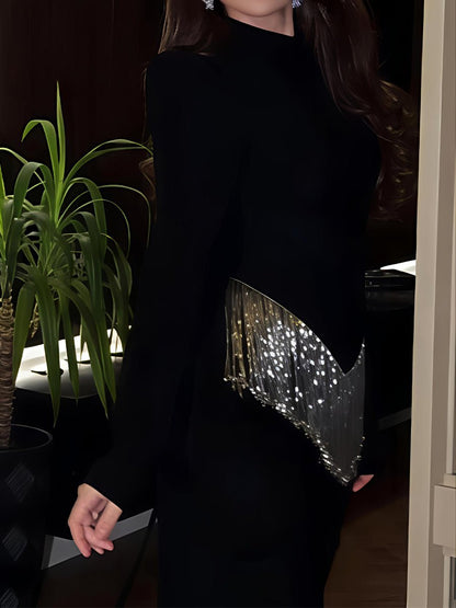 Gorgeous Rhinestone Sparkle Tassels Slim Maxi Dress - allsose