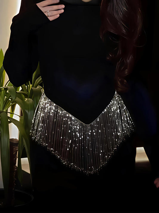 Gorgeous Rhinestone Sparkle Tassels Slim Maxi Dress - allsose