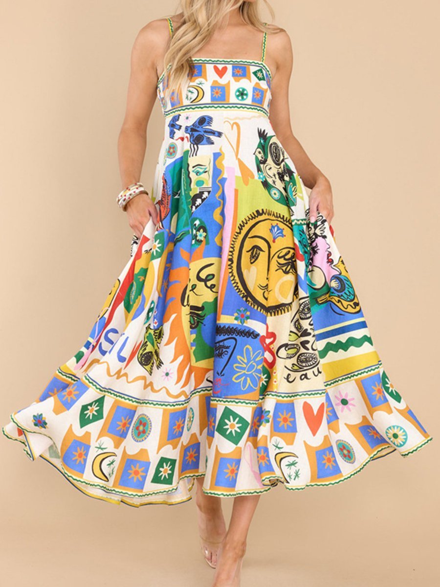 Graffiti Printed Sleeveless Dress - allsose