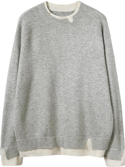 Gray and White Oversized Cut - Out Long Sleeve Twofer Sweater - allsose
