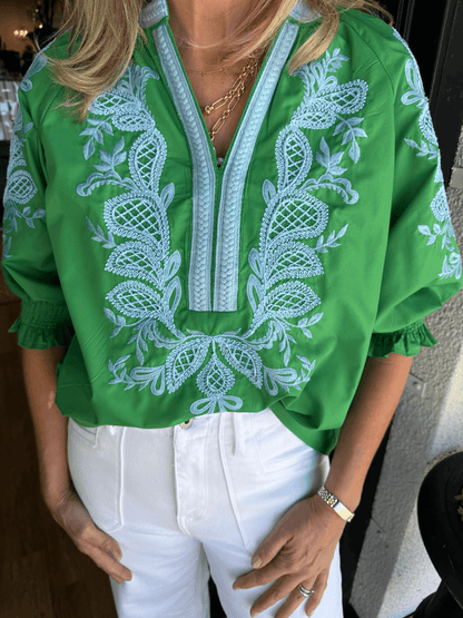 Green And Light Blue Floral Embroidered V - Neck Blouse - allsose