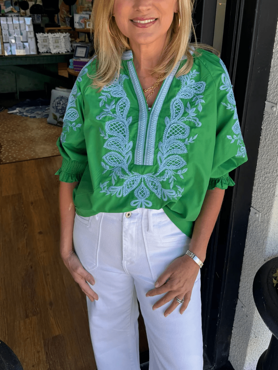 Green And Light Blue Floral Embroidered V - Neck Blouse - allsose