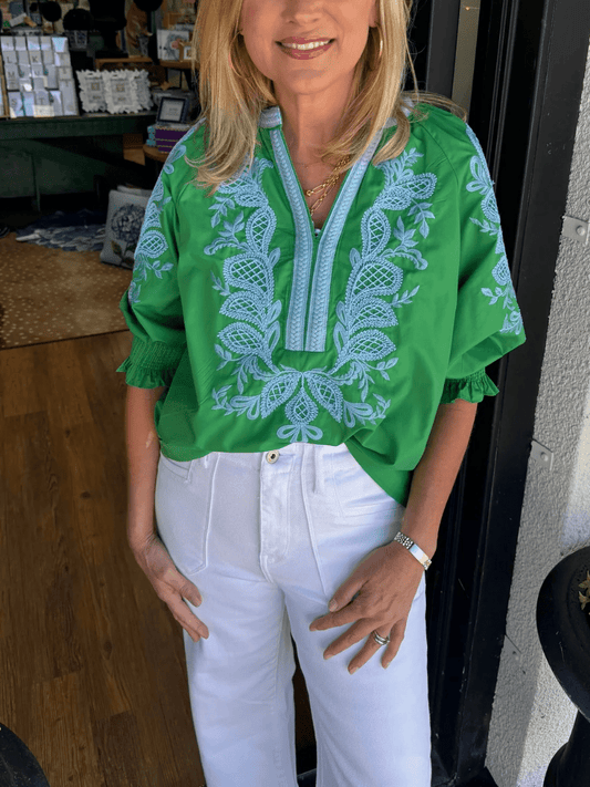 Green And Light Blue Floral Embroidered V - Neck Blouse - allsose