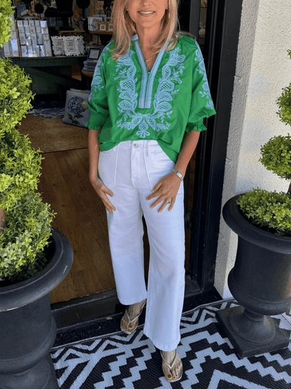 Green And Light Blue Floral Embroidered V - Neck Blouse - allsose