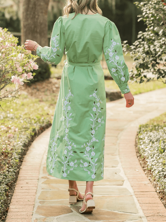 Green Floral Embroidered Midi Shirt Dress - allsose
