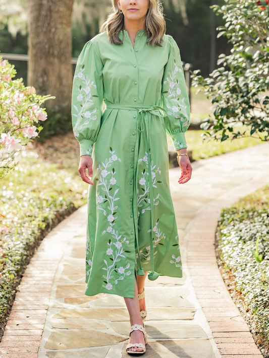Green Floral Embroidered Midi Shirt Dress - allsose