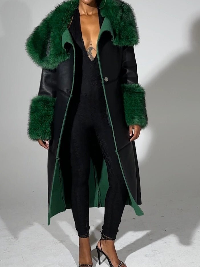 Green Fur Trim Trench - allsose