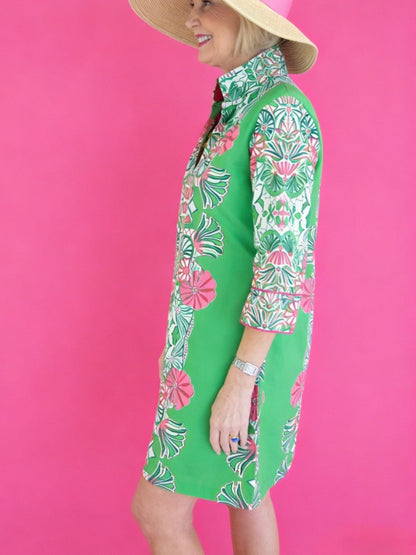 Green Pink Floral Print Tunic Dress | Resort Wear With Mandarin Collar & 3/4 Sleeves - allsose