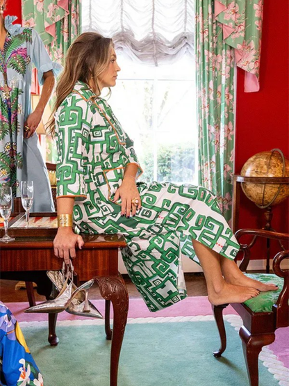 Green White Abstract Midi Dress With Pockets - allsose