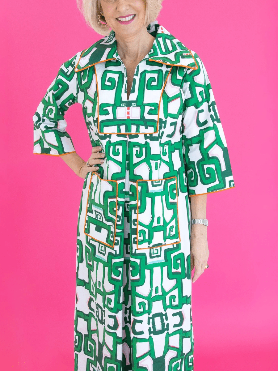 Green White Abstract Midi Dress With Pockets - allsose