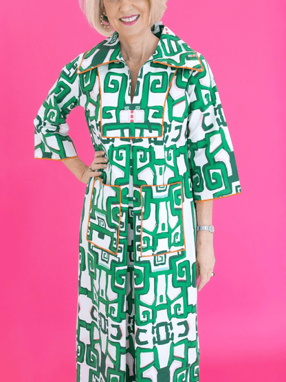 Green White Abstract Midi Dress With Pockets - allsose
