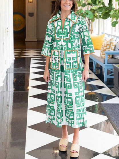 Green White Abstract Midi Dress With Pockets - allsose