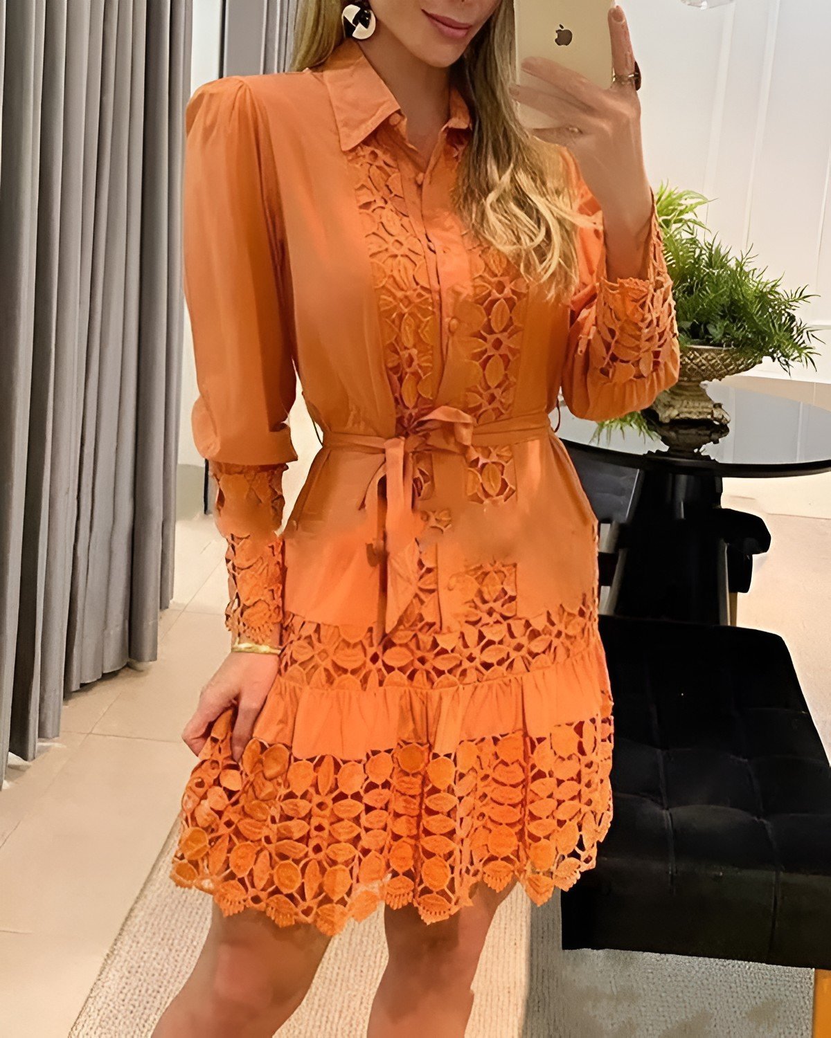 Guipure Lace Patch Shirt Dress With Cami Dress - allsose