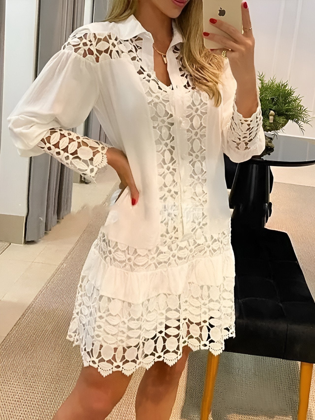 Guipure Lace Patch Shirt Dress With Cami Dress - allsose