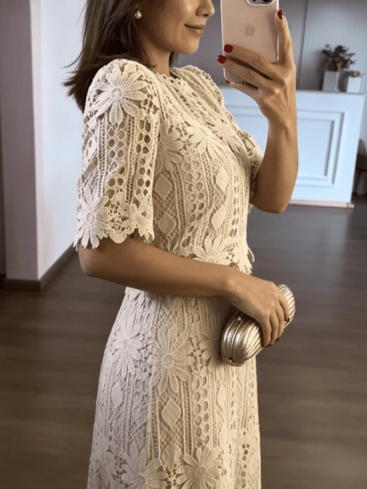 High Collar Floral Lace Carmé Dress - allsose
