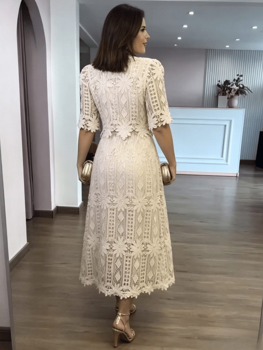 High Collar Floral Lace Carmé Dress - allsose