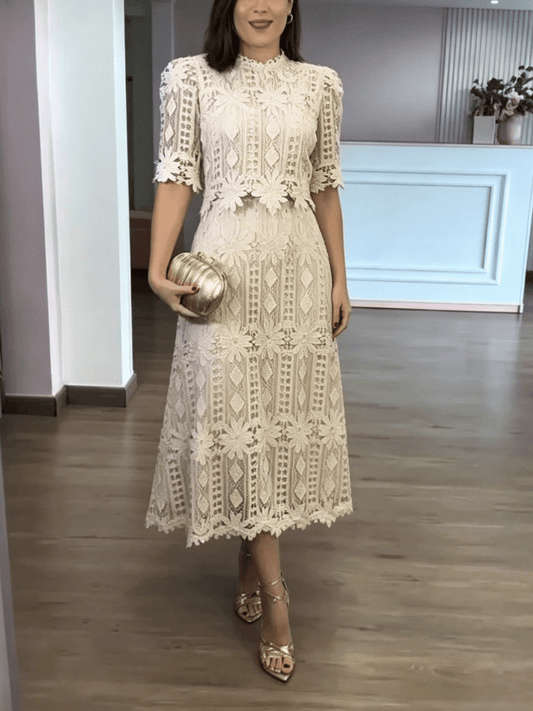 High Collar Floral Lace Carmé Dress - allsose