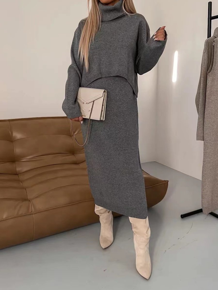 High Neck Knitted Hip Skirt 2pc Set - allsose