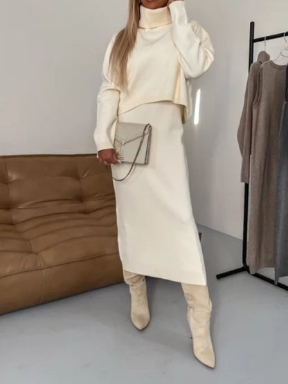 High Neck Knitted Hip Skirt 2pc Set - allsose