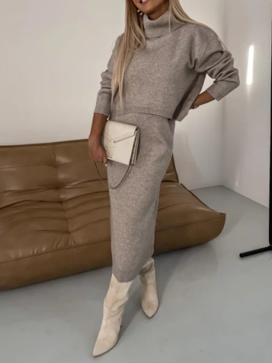 High Neck Knitted Hip Skirt 2pc Set - allsose