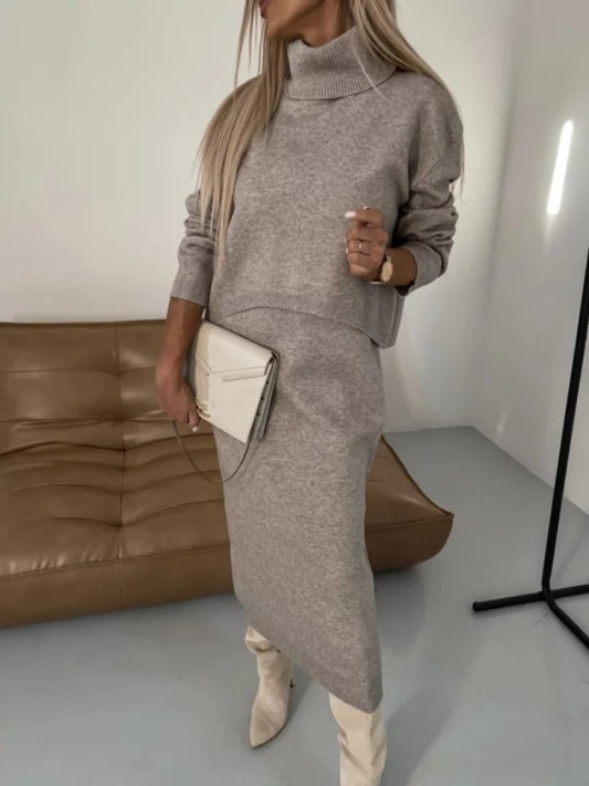 High Neck Knitted Hip Skirt 2pc Set - allsose