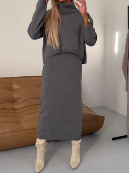 High Neck Knitted Hip Skirt 2pc Set - allsose