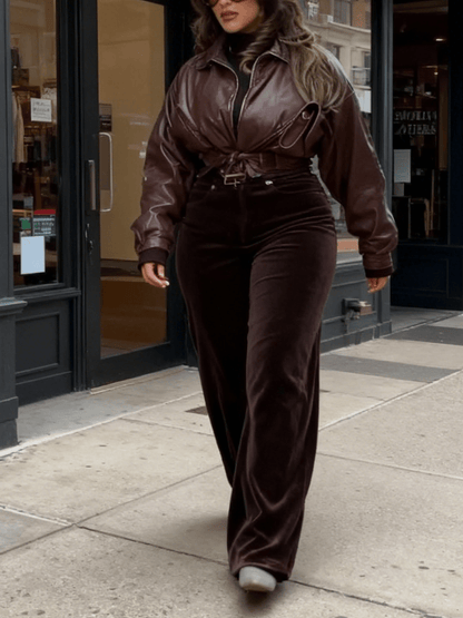 High - Waisted Chocolate Brown Velvet Wide - Leg Pants - allsose