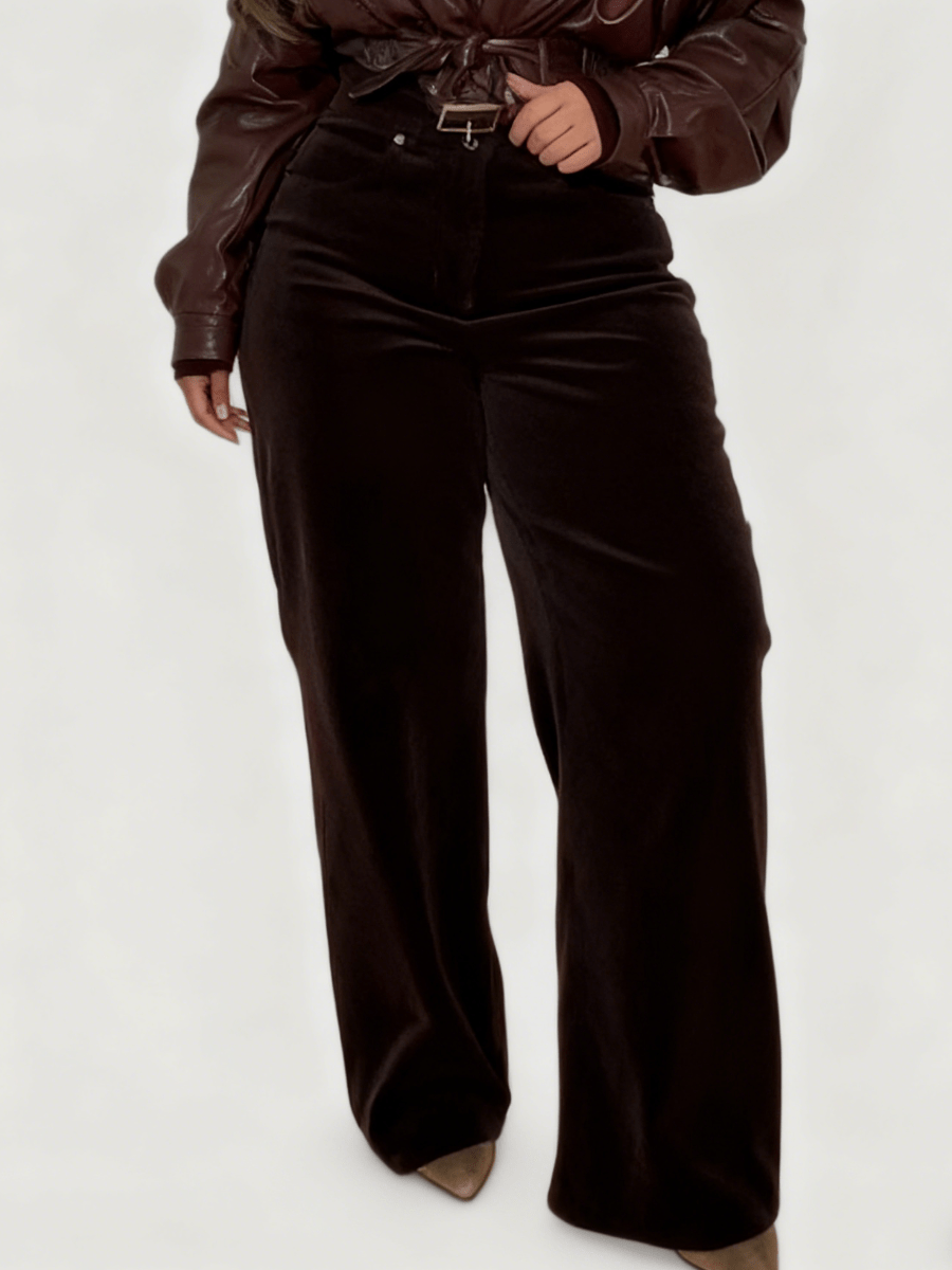 High - Waisted Chocolate Brown Velvet Wide - Leg Pants - allsose