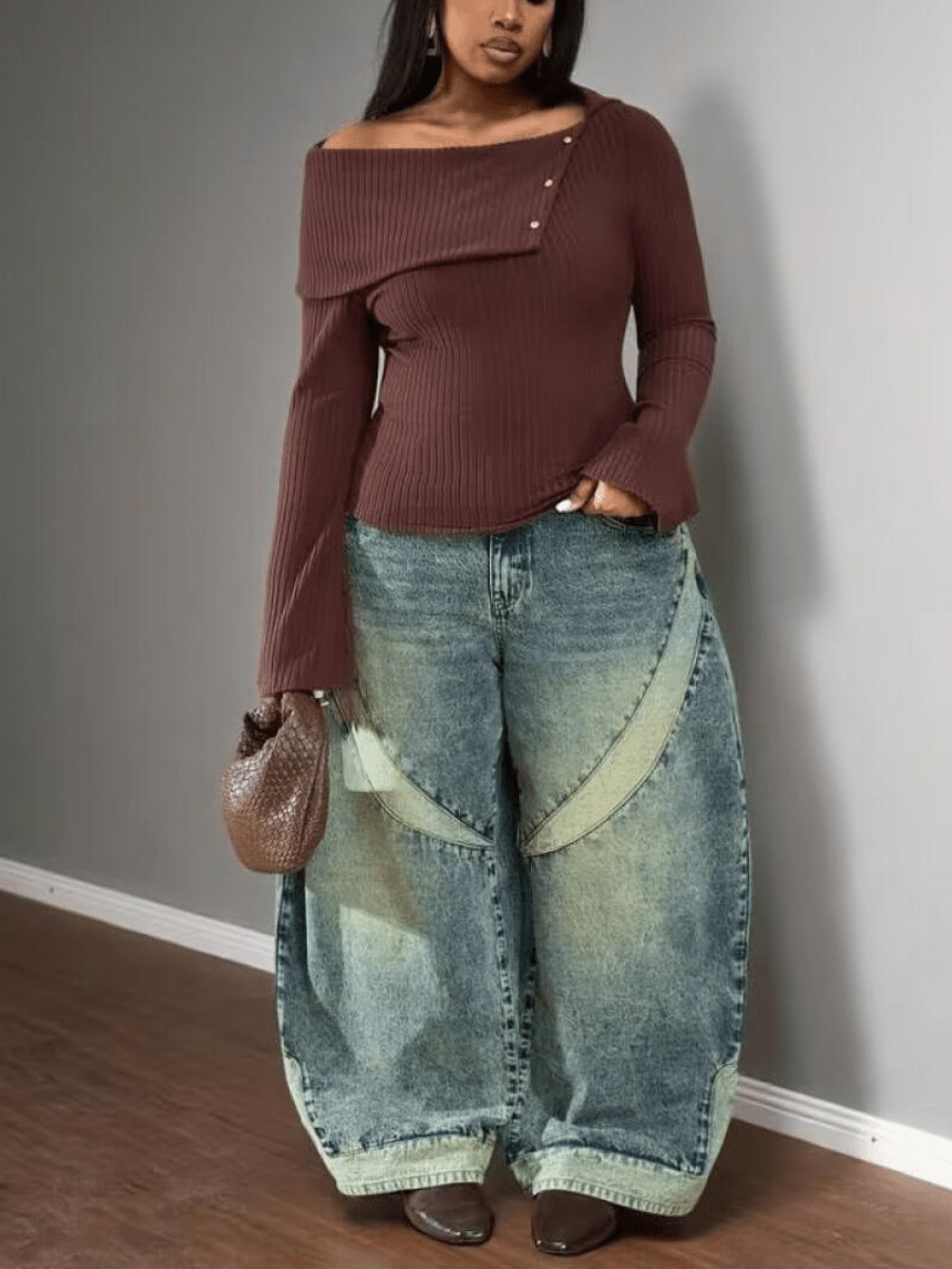 High - Waisted Patchwork Wide - Leg Jeans - allsose