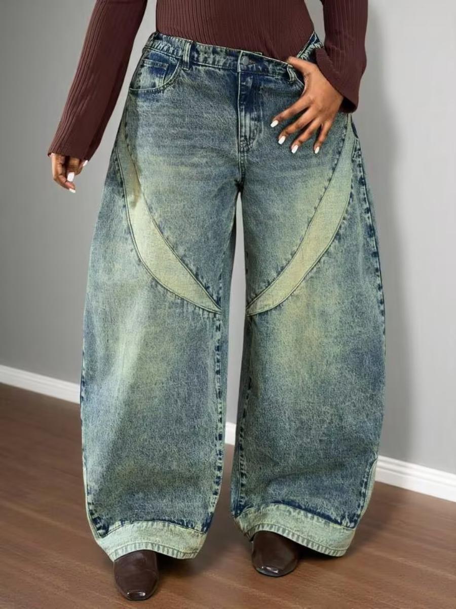 High - Waisted Patchwork Wide - Leg Jeans - allsose