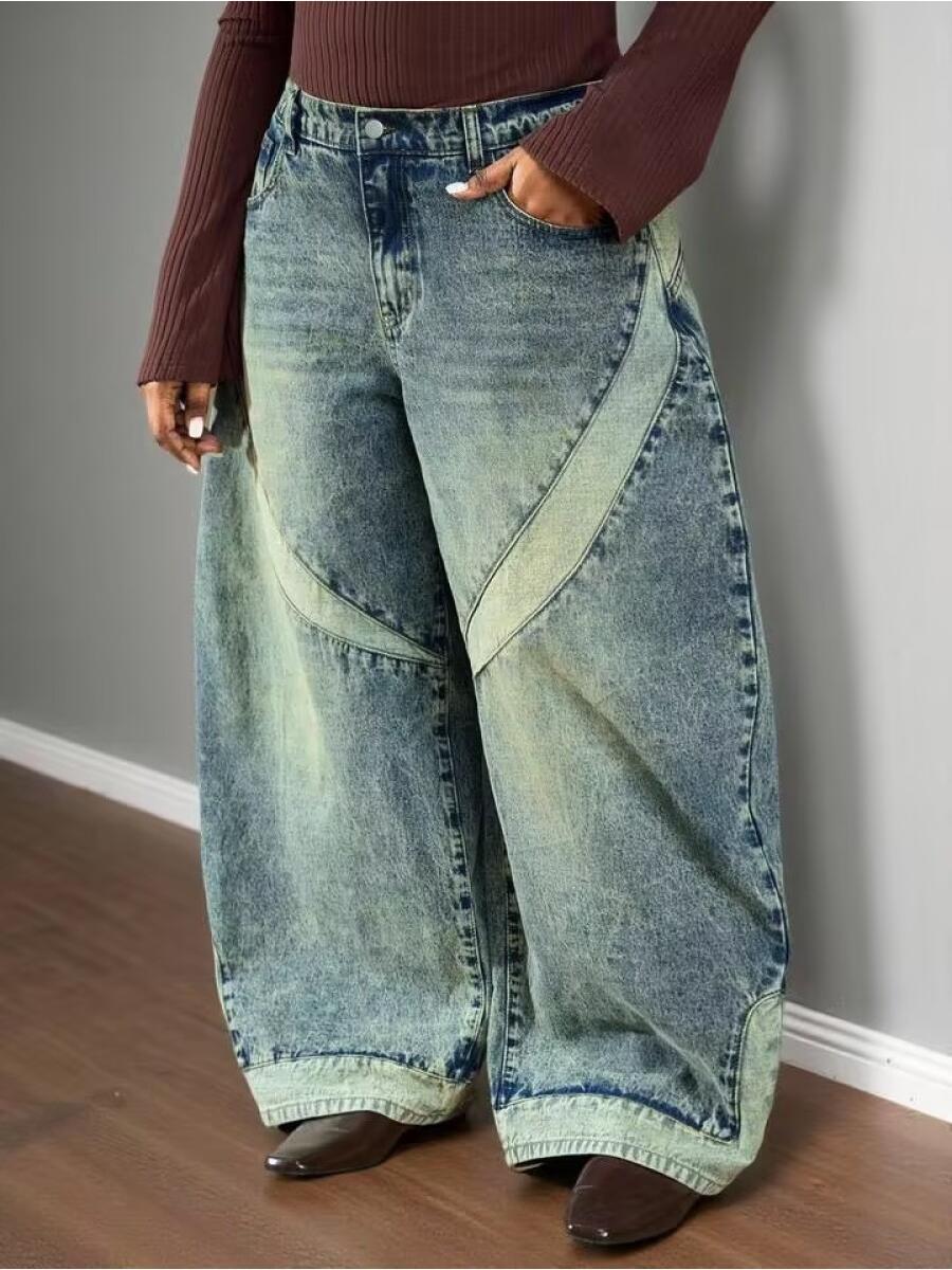 High - Waisted Patchwork Wide - Leg Jeans - allsose