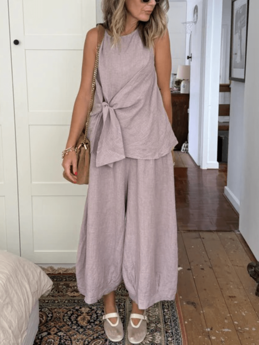 Houndstooth Linen Front Tie Up Two Piece Set - allsose