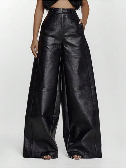 Imitation Leather Wide Leg Waist Pants, Sexy Out, Autumn, Night, Winter, Cute, Street Style, Thanksgiving Day - allsose