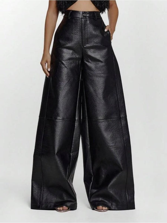 Imitation Leather Wide Leg Waist Pants, Sexy Out, Autumn, Night, Winter, Cute, Street Style, Thanksgiving Day - allsose