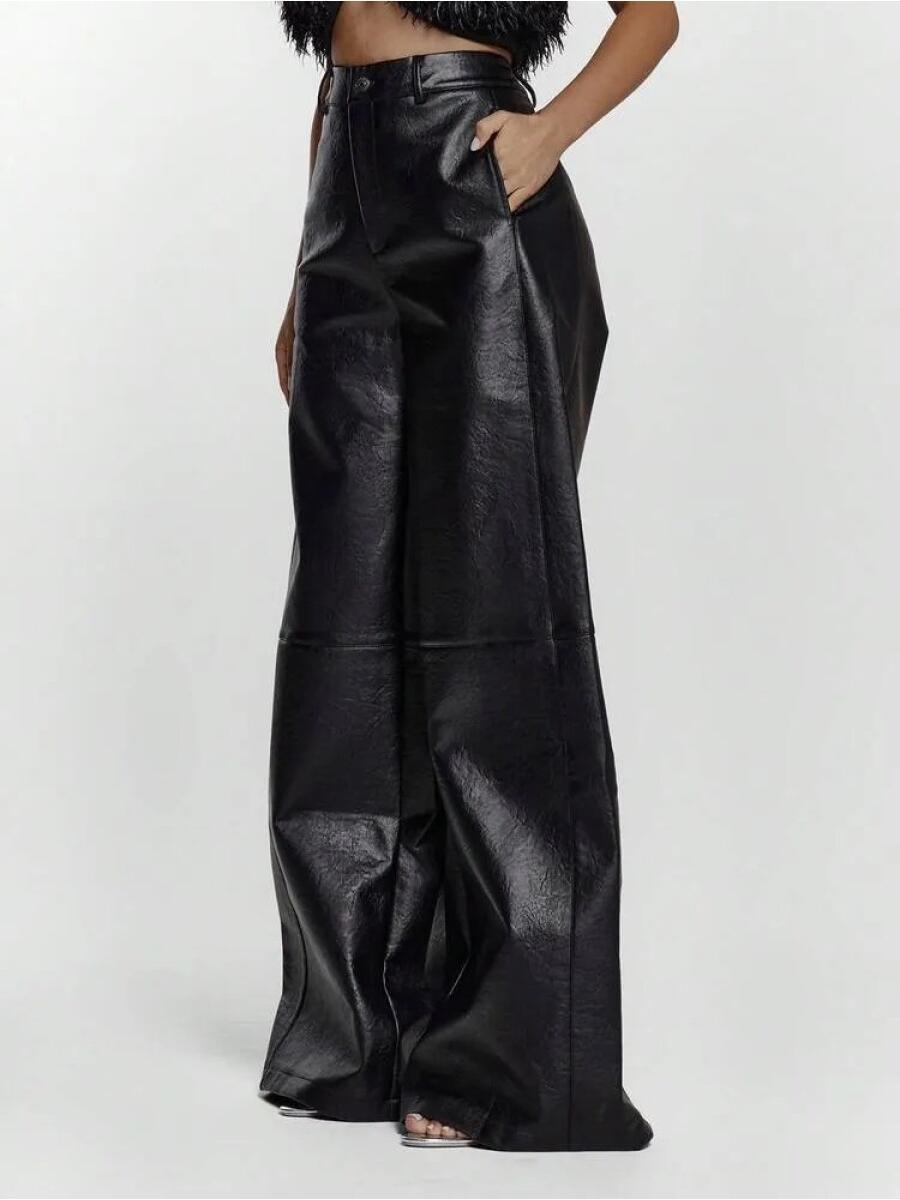 Imitation Leather Wide Leg Waist Pants, Sexy Out, Autumn, Night, Winter, Cute, Street Style, Thanksgiving Day - allsose