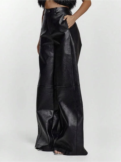 Imitation Leather Wide Leg Waist Pants, Sexy Out, Autumn, Night, Winter, Cute, Street Style, Thanksgiving Day - allsose