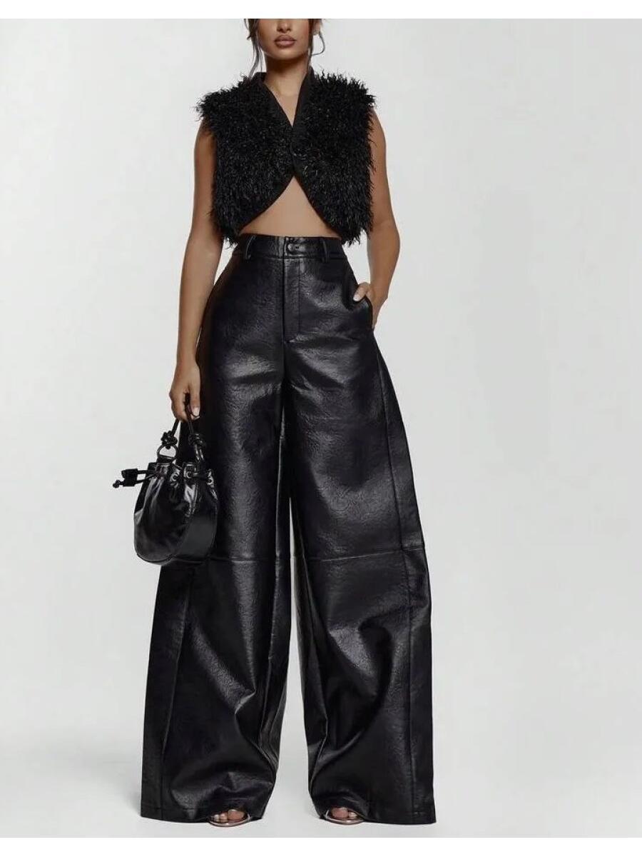 Imitation Leather Wide Leg Waist Pants, Sexy Out, Autumn, Night, Winter, Cute, Street Style, Thanksgiving Day - allsose