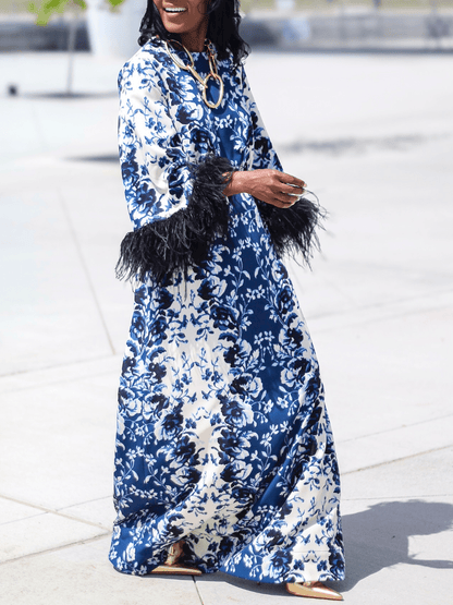 Indigo Reflection Feather Maxi Dress - allsose